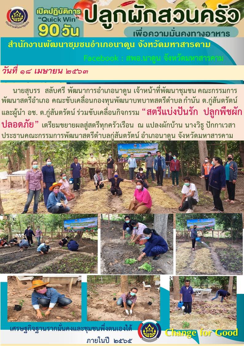 ?18 เมษายน 2563 @ มหาสารคามเมืองแห่งความสุข  พช. มหาสารคาม “Kick off”  สตรีแบ่งปันรัก ปลูกพืชผักสวนครัว