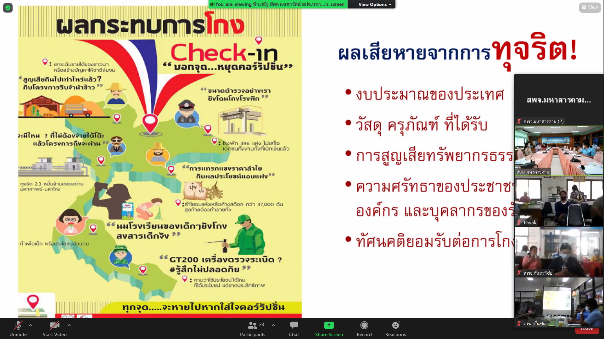พช.มหาสารคาม จัดประชุมเชิงปฏิบิติการเพิ่มประสิทธภาพการส่งเสริมการมีส่วนร่วมภาคประชาชนในการสร้างความโปร่งใสและป้องกันการทุจริตประพฤติมิชอบ จังหวัดมหาสารคาม ผ่านโปรแกรม ZOOM Cloud Meetings
