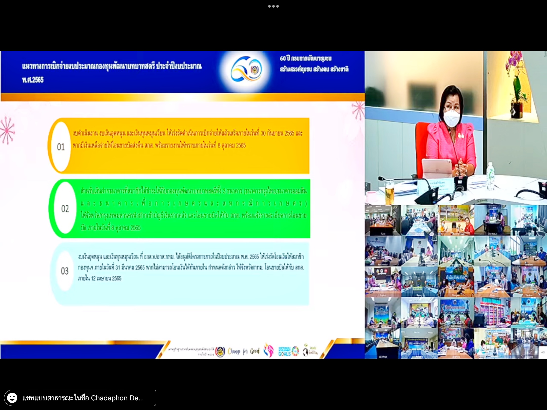 ประชุมชี้แจง เร่งรัด กำกับ ติดตาม การดำเนินงานกองทุนพัฒนาบทบาทสตรี ผ่านระบบ (Video Conference)
