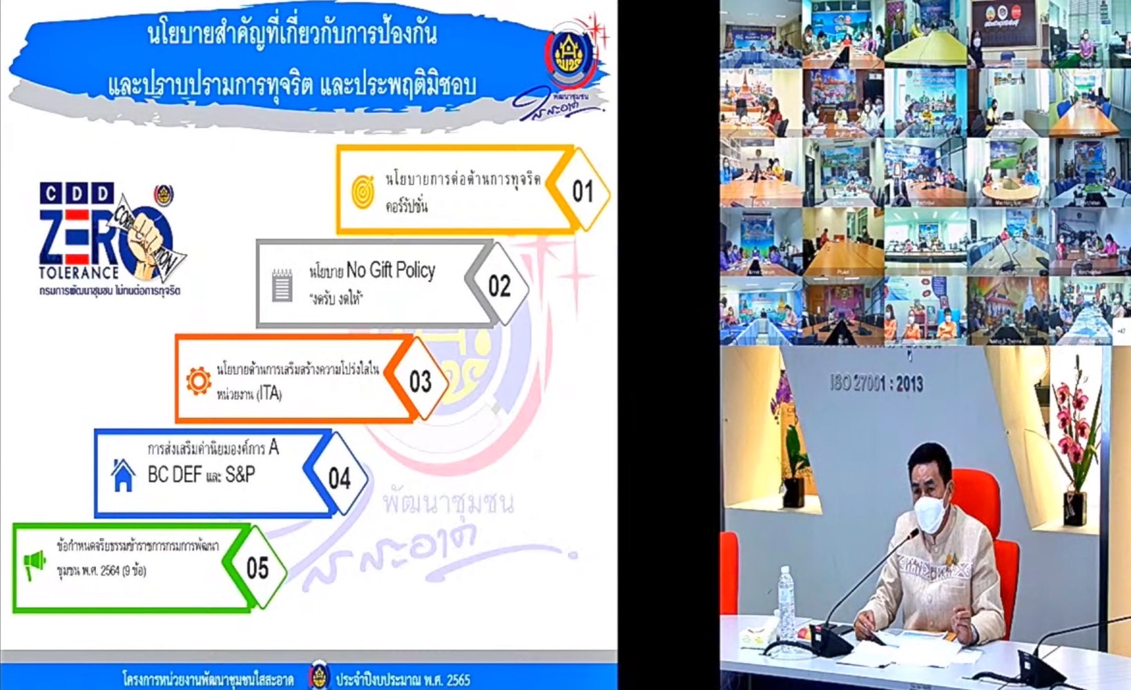 พช.มหาสารคามเข้ารับการประชุมชี้แจงแนวทางการดำเนินงานโครงการพัฒนาชุมชนใสสะอาด ประจำปีงบประมาณ พศ. 2565 ผ่านระบบ Video Conference และผ่านระบบทีวี พช.