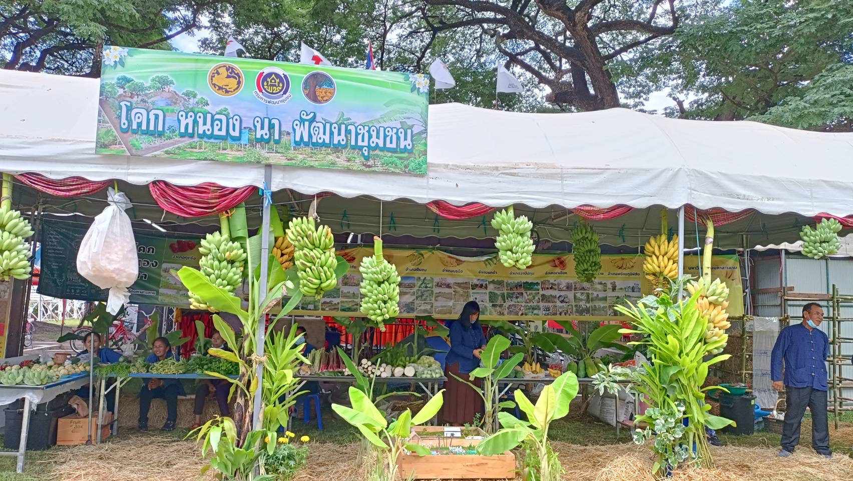 พช.มหาสารคาม ร่วมกับเครือข่ายการพัฒนา จัดเตรียมสถานที่จัดนิทรรศการงานพัฒนาชุมชน ในงานกาชาด จังหวัดมหาสารคาม