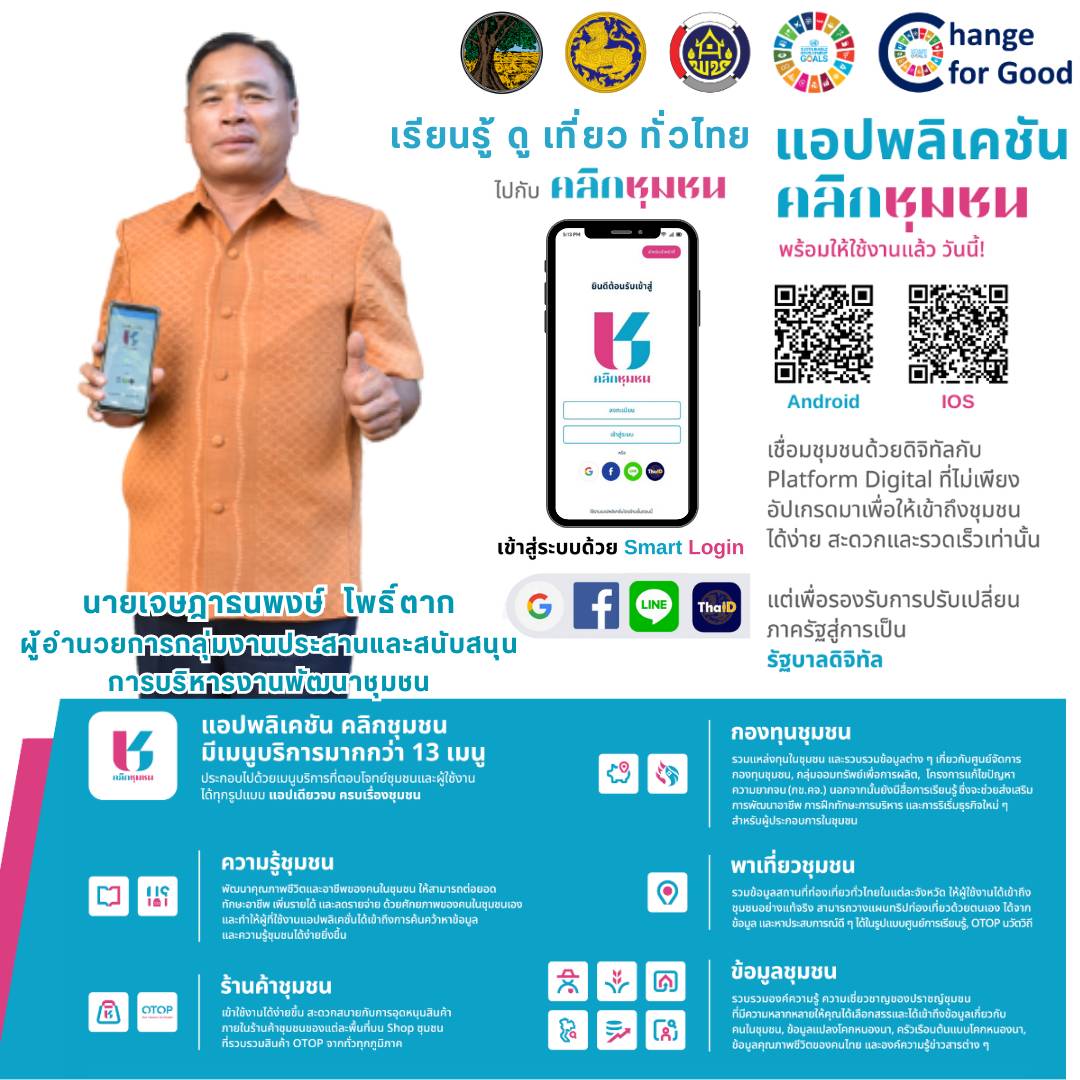 สำนักงานพัฒนาชุมชนจังหวัดมหาสารคาม ขอเชิญชวนประชาชนทุกท่าน ดาวน์โหลด แอพลิเคชั่น “Click ชุมชน” เวอร์ชั่นใหม่