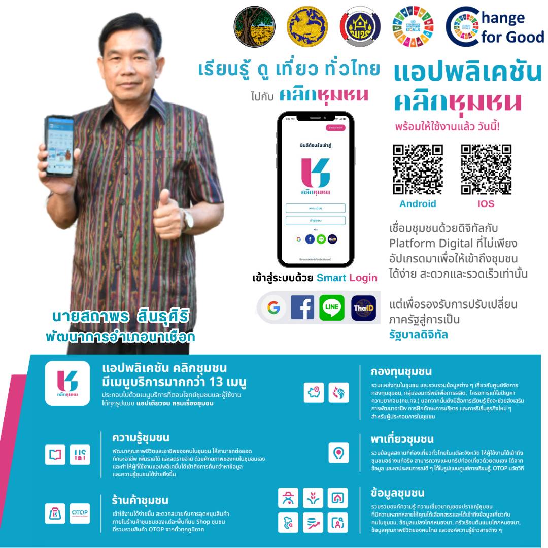 สำนักงานพัฒนาชุมชนจังหวัดมหาสารคาม ขอเชิญชวนประชาชนทุกท่าน ดาวน์โหลด แอพลิเคชั่น “Click ชุมชน” เวอร์ชั่นใหม่