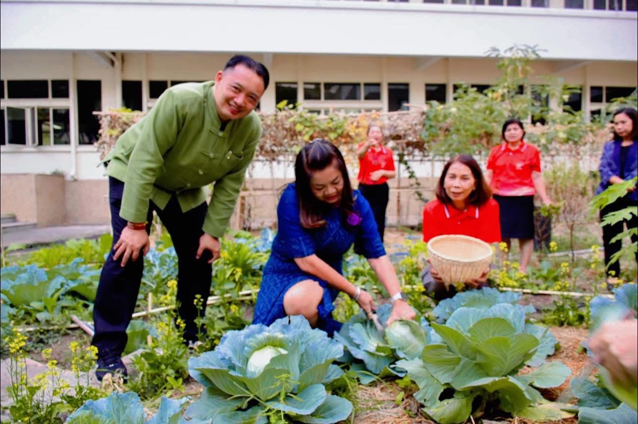 รองผู้ว่าราชการจังหวัดมหาสารคาม พร้อมด้วยพัฒนาการจังหวัด เก็บผลผลิตแบ่งปัน แบบอย่าง ผู้นำต้องทำก่อน พร้อมเชิญชวน ปลูกผักสวนครัวเพื่อสร้างความมั่นคงทางอาหาร”